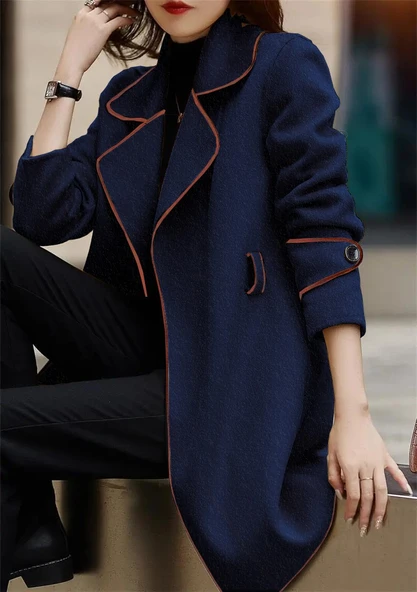 Kaşe Kadın Şık Yaka Kaban Kemer Detaylı - Resim 4