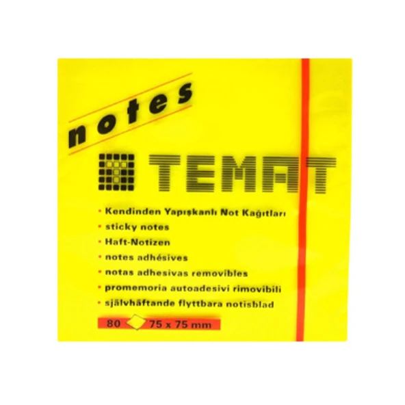 Temat  Yapışkanlı Not Kağıdı 75X75 Sarı Fosforlu - 1