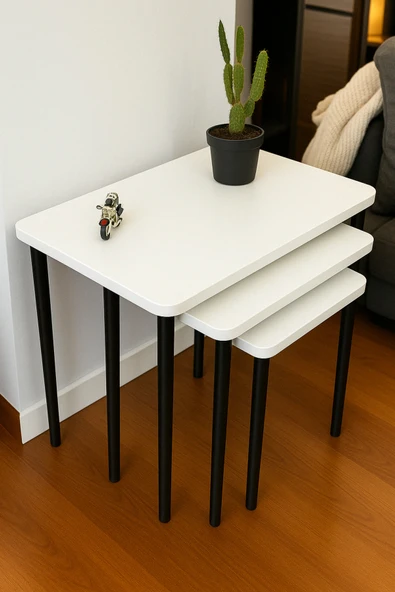 PEKA Siyah Ahşap Ayaklı 3'lü Yan Sehpa Koltuk Sehpası Zigon Seti - Resim 2