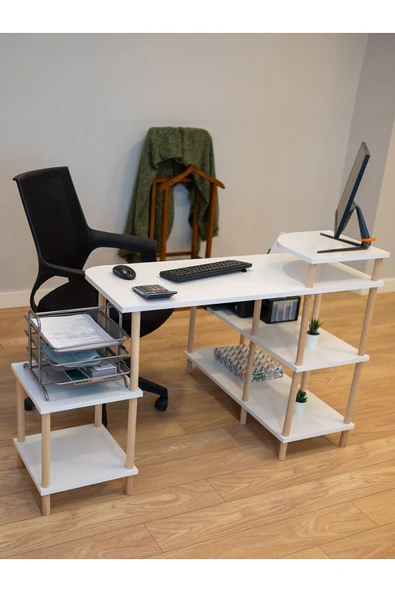 PEKA Çalışma Masası 5 Raflı Ahşap Ayaklı Dekoratif Modern Bilgisayar Ofis Masası - Beyaz - Köşe - Resim 5