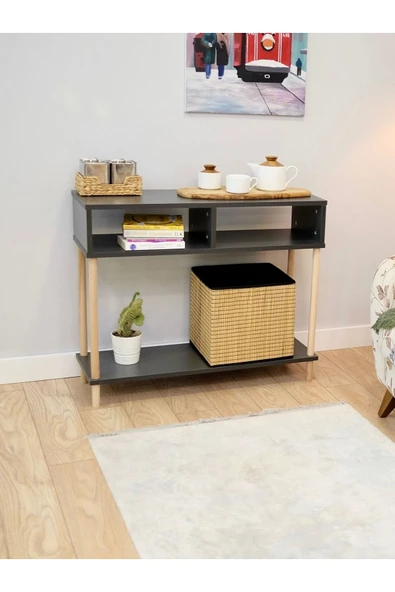 PEKA Ahşap Ayaklı Dresuar Dekoratif Raflı Kahve Köşesi Konsol Modern Çok Amaçlı Raf - Antrasit - Resim 3