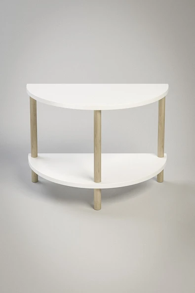 PEKA Yarım Daire Orta Sehpa Ahşap Ayaklı Sehpa Iki Raflı Sehpa Dekoratif Sehpa Gazetelikli - Beyaz - Resim 3