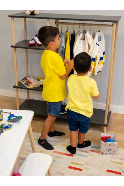 PEKA Ahşap Ayaklı Portmanto Ayaklı Elbise Askısı Ve Konfeksiyon Askılık Elbise Dolabı, Dolap - Safir Meşe - 2