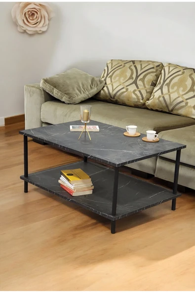 PEKA Dikdörgen Orta Sehpa Ahşap Ayaklı Sehpa Iki Raflı Sehpa Dekoratif Sehpa Gazetelikli-Mermer-90x60 - Resim 3