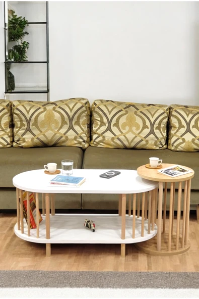 PEKA İkili Set Orta Sehpa Ahşap Ayaklı Sehpa iki Raflı Sehpa Dekoratif Sehpa Gazetelikli - Resim 2