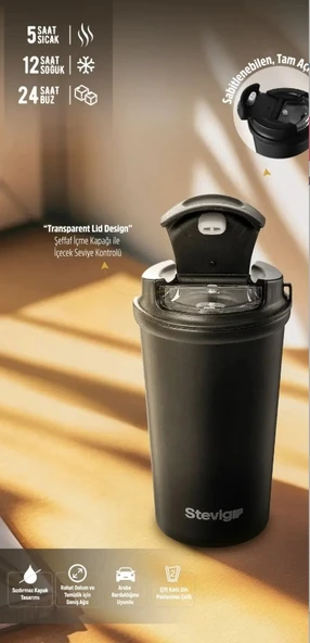 Stevig ST-250 4 Work Flip Open Coffee Mug Çelik Termos 400ML Black - 3