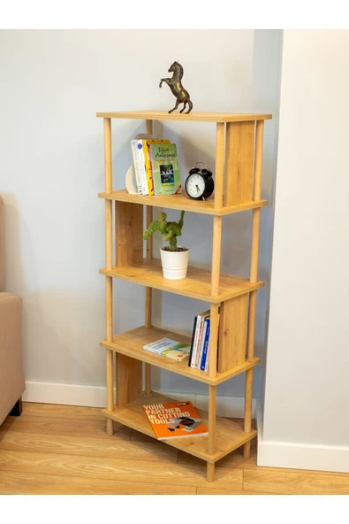 PEKA 5 Raflı Modern Dekoratif Kitaplık Klasörlük Mutfak Rafı Kiler Çok Amaçlı Düzenleyici Raf-safir Meşe - Resim 3