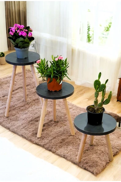 PEKA Ahşap Ayaklı 3’lü Saksılık Dekoratif Raf Çiçeklik Saksı Çiçek Standı - Resim 4