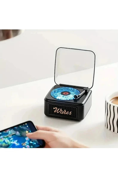 Nostalji Mini Plak Görünümlü Radyolu Bluetooth Hoparlör 3d Ses Dalgası Retro Müzik Plak Siyah - 2
