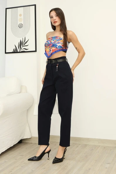 Aksesuar Detaylı Pileli Gabardin Kumaş Pantolon 5807-Lacivert - Resim 3