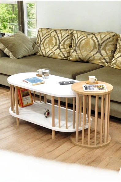 PEKA İkili Set Orta Sehpa Ahşap Ayaklı Sehpa iki Raflı Sehpa Dekoratif Sehpa Gazetelikli - Resim 3