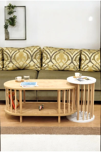 PEKA İkili Set Orta Sehpa Ahşap Ayaklı Sehpa iki Raflı Sehpa Dekoratif Sehpa Gazetelikli - Resim 2