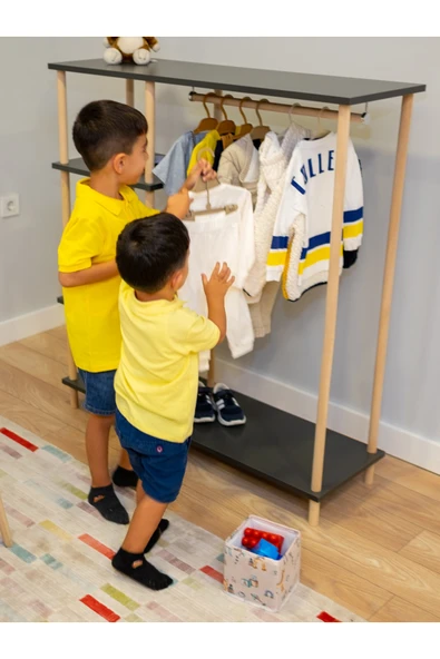 PEKA Ahşap Ayaklı Portmanto Ayaklı Elbise Askısı Ve Konfeksiyon Askılık Elbise Dolabı, Dolap - Safir Meşe - 4