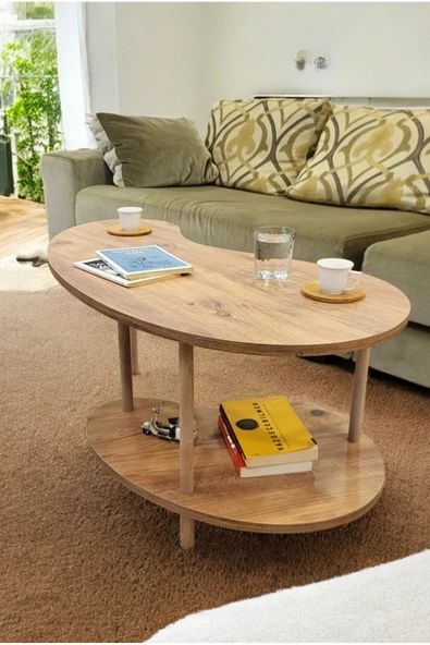 PEKA Fasülye Orta Sehpa Ahşap Ayaklı Sehpa Iki Raflı Sehpa Dekoratif Sehpa Gazetelikli - Çam - Resim 3