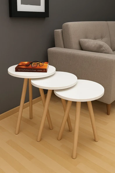 PEKA Zigon Sehpa Doğal Ahşap Ayaklı 3’lü Set Yuvarlak ürün görseli 1