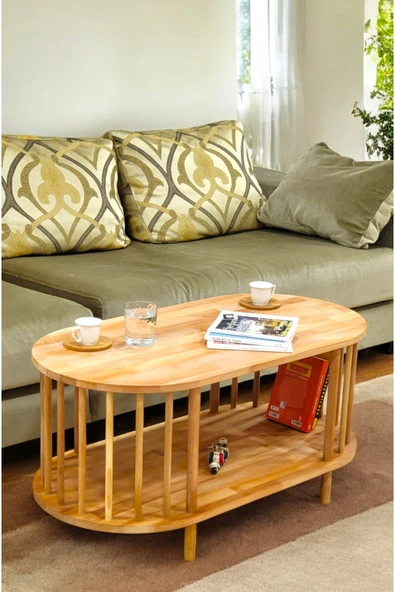 PEKA Lüx Natural Ahşap Orta Sehpa Ahşap Sehpa iki Raflı Sehpa Dekoratif Sehpa Gazetelikli - Resim 3