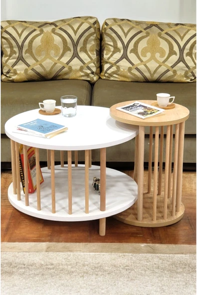 PEKA İkili Set Yuvarlak Orta Sehpa Ahşap Ayaklı Sehpa Iki Raflı Sehpa Dekoratif Sehpa Gazetelikli - Resim 2