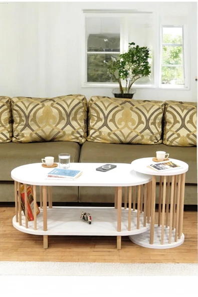 PEKA İkili Set Orta Sehpa Ahşap Ayaklı Sehpa iki Raflı Sehpa Dekoratif Sehpa Gazetelikli - Resim 2