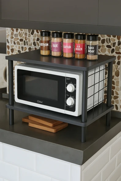 PEKA Huzurlu Mutfak Rafı Mikrodalga Rafı Tezgah Üstü Raf Baharatlık 2 Raflı Düzenleyici Kanca Hediyeli ürün görseli 1