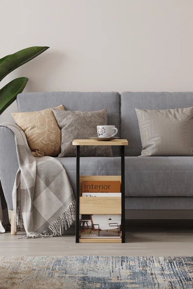 PEKA C Sehpa Metal Ayaklı Koltuk Sehpası Yan Sehpa Zigon Sehpa Servis Sehpası Gazetelikli - Safir Meşe - Resim 3