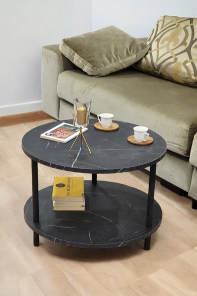 PEKA Yuvarlak Orta Sehpa Ahşap Ayaklı Sehpa Iki Raflı Sehpa Dekoratif Sehpa Gazetelikli-Mermer-60cm - Resim 3
