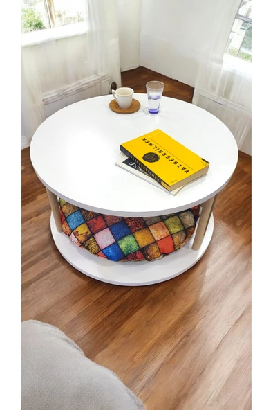 PEKA Kedi Köpek Yuvalı Yuvarlak Orta Sehpa Ahşap Ayaklı Sehpa Iki Raflı Sehpa Dekoratif Sehpa Gazetelikli - Resim 3