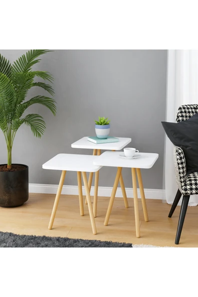 PEKA Zigon Sehpa Doğal Ahşap Ayaklı 3’lü Set Kare ürün görseli 1