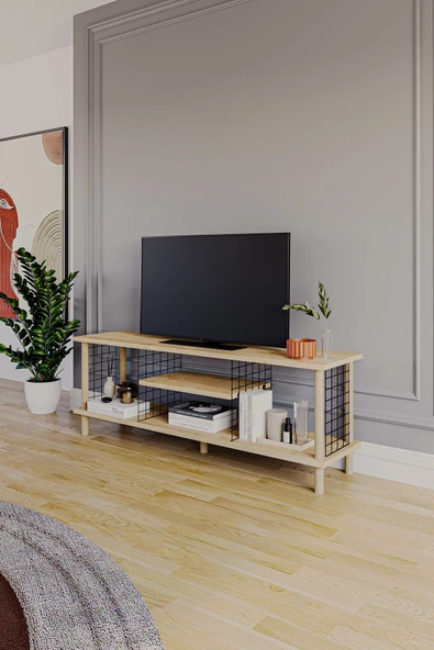 PEKA Tv Sehpası Raflı Tv Ünitesi Televizyon Sehpası Ahşap Ayaklı Metal Bölmeli - Safir Meşe ürün görseli 1