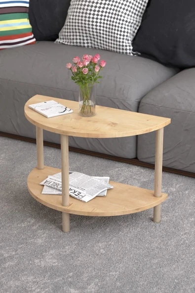 PEKA Yarım Daire Orta Sehpa Ahşap Ayaklı Sehpa Iki Raflı Sehpa Dekoratif Sehpa Gazetelikli - Safir Meşe - Resim 2