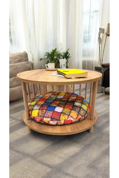 PEKA Kedi Köpek Yuvalı Yuvarlak Orta Sehpa Ahşap Ayaklı Sehpa Iki Raflı Sehpa Dekoratif Sehpa Gazetelikli - Resim 4