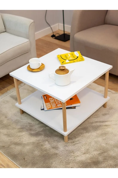 PEKA Kare Orta Sehpa Ahşap Ayaklı Sehpa Iki Raflı Sehpa Dekoratif Sehpa Gazetelikli - Beyaz - 60cm X 60cm - 3