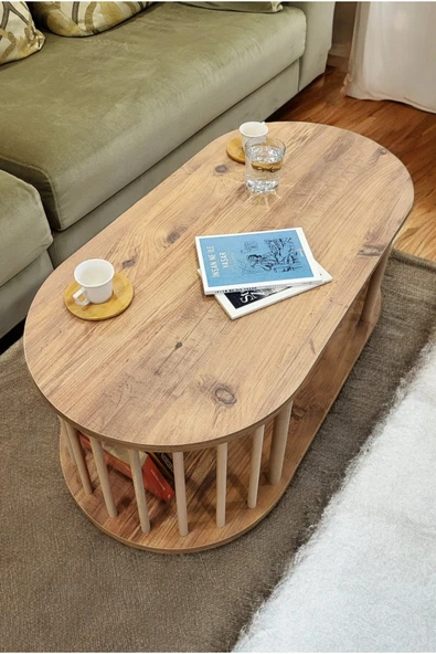 PEKA Orta Sehpa Ahşap Ayaklı Sehpa iki Raflı Sehpa Dekoratif Sehpa Gazetelikli - Resim 4