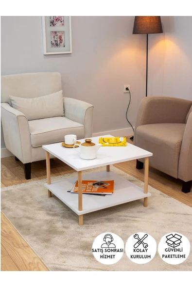 PEKA Kare Orta Sehpa Ahşap Ayaklı Sehpa Iki Raflı Sehpa Dekoratif Sehpa Gazetelikli - Beyaz - 60cm X 60cm ürün görseli 1