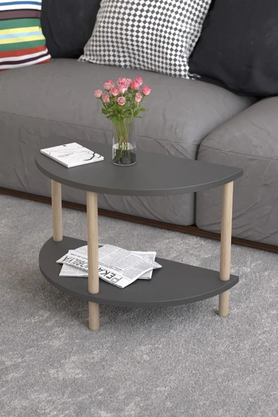 PEKA Yarım Daire Orta Sehpa Ahşap Ayaklı Sehpa Iki Raflı Sehpa Dekoratif Sehpa Gazetelikli- Antrasit - Resim 2