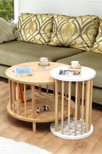 PEKA İkili Set Yuvarlak Orta Sehpa Ahşap Ayaklı Sehpa Iki Raflı Sehpa Dekoratif Sehpa Gazetelikli ürün görseli 1