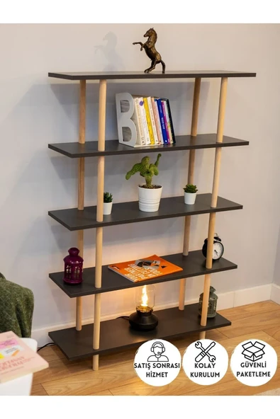 PEKA 5 Raflı Modern Dekoratif Kitaplık Klasörlük Mutfak Rafı Kiler Çok Amaçlı Düzenleyici Raf - Antrasit ürün görseli 1
