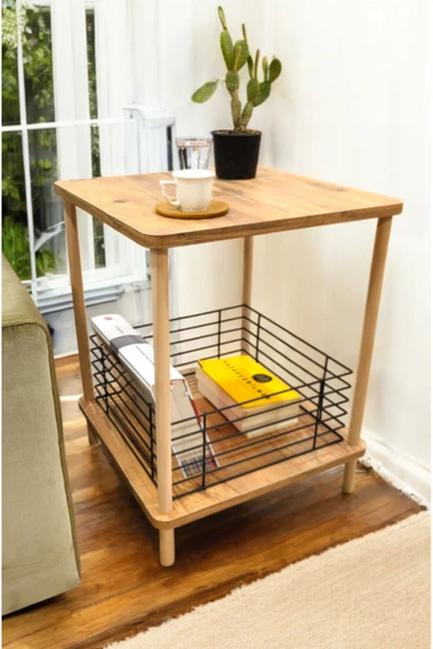 PEKA Yan Sehpa Geniş Metal Sepetli Sehpa Gazetelik Kitaplık Çiçeklik Komodin - Resim 2