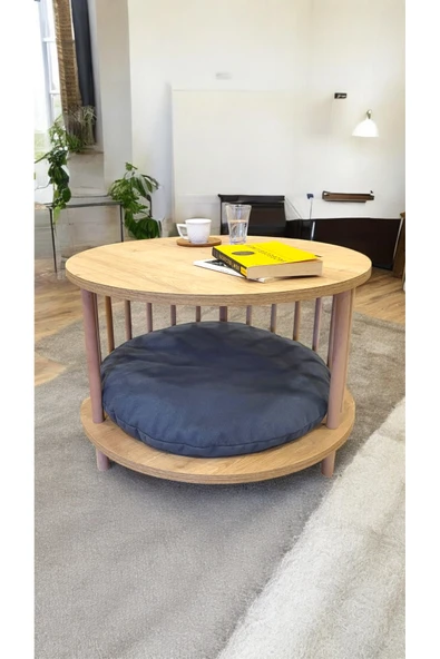 PEKA Kedi Köpek Yuvalı Yuvarlak Orta Sehpa Ahşap Ayaklı Sehpa Iki Raflı Sehpa Dekoratif Sehpa Gazetelikli - Resim 4