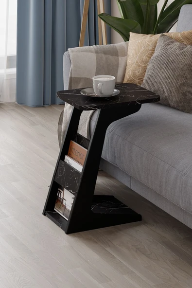 PEKA C Sehpa Metal Ayaklı Koltuk Sehpası Yan Sehpa Zigon Sehpa Servis Sehpası - Siyah Mermer ürün görseli 1