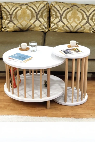 PEKA İkili Set Yuvarlak Orta Sehpa Ahşap Ayaklı Sehpa Iki Raflı Sehpa Dekoratif Sehpa Gazetelikli - Resim 2