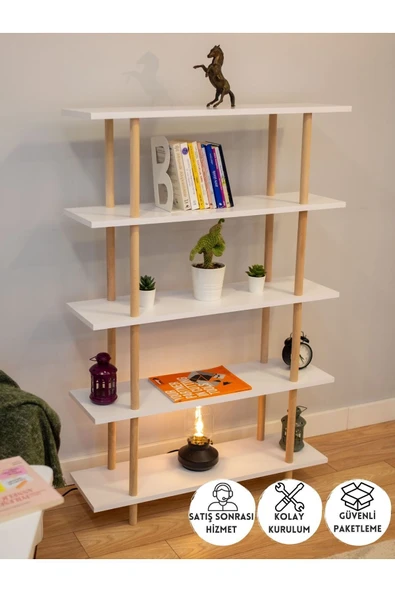 PEKA 5 Raflı Modern Dekoratif Kitaplık Klasörlük Mutfak Rafı Kiler Çok Amaçlı Düzenleyici Raf - Beyaz ürün görseli 1