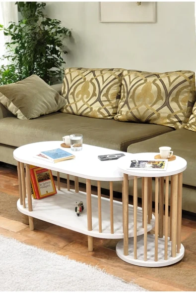 PEKA İkili Set Orta Sehpa Ahşap Ayaklı Sehpa iki Raflı Sehpa Dekoratif Sehpa Gazetelikli - Resim 3