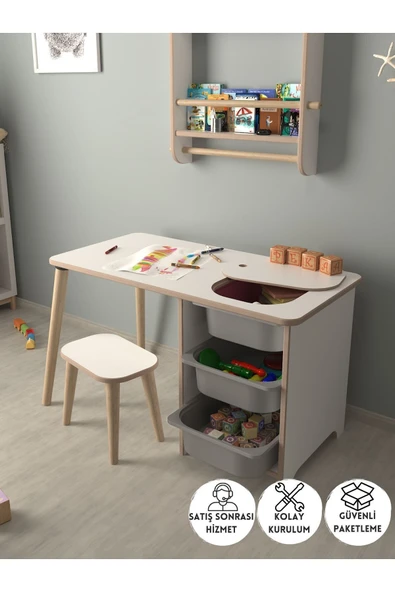 PEKA Çocuk Oyun Ve Aktivite Masası - 1 Tabure - Gri Sepetli ürün görseli 1