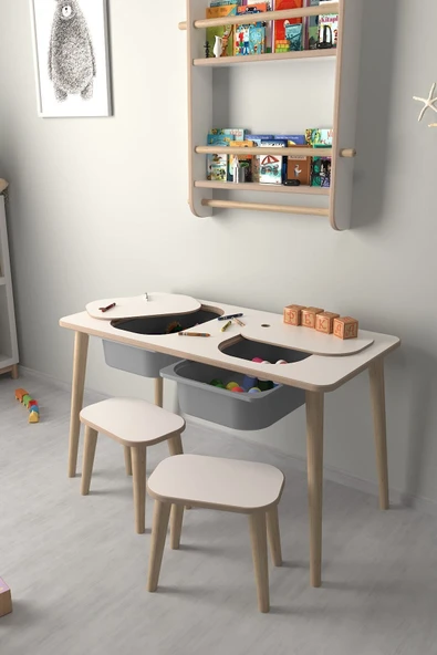 PEKA Çocuk Oyun Ve Aktivite Masası - 2 Tabure - Gri Sepetli - Resim 3