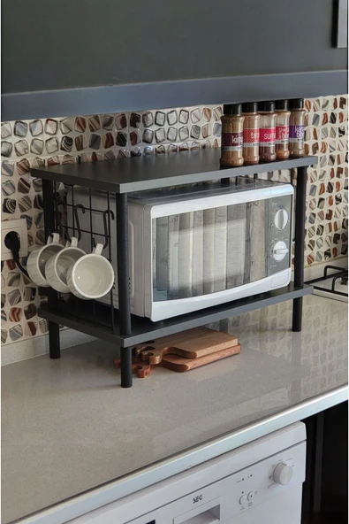 PEKA Huzurlu Mutfak Rafı Mikrodalga Rafı Tezgah Üstü Raf Baharatlık 2 Raflı Düzenleyici Kanca Hediyeli - Resim 3