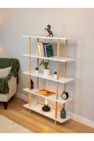 PEKA 5 Raflı Modern Dekoratif Kitaplık Klasörlük Mutfak Rafı Kiler Çok Amaçlı Düzenleyici Raf - Beyaz - Resim 4