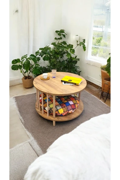 PEKA Kedi Köpek Yuvalı Yuvarlak Orta Sehpa Ahşap Ayaklı Sehpa Iki Raflı Sehpa Dekoratif Sehpa Gazetelikli - Resim 2