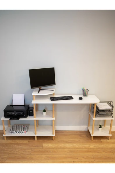 PEKA Çalışma Masası 5 Raflı Ahşap Ayaklı Dekoratif Modern Bilgisayar Ofis Masası - Beyaz - Köşe - Resim 3