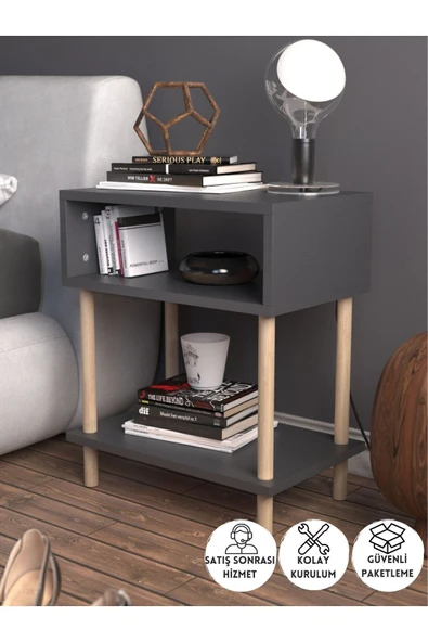 PEKA 2 Raflı Modern Komodin Yatak Odası Başucu Düzenleyici Ahşap Ayaklı Yan Sehpa - Antrasit ürün görseli 1