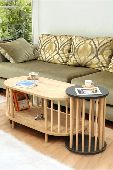 PEKA İkili Set Orta Sehpa Ahşap Ayaklı Sehpa iki Raflı Sehpa Dekoratif Sehpa Gazetelikli - Resim 3